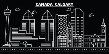 Calgary siluet manzarası. Kanada - vektör şehir Calgary, Kanada doğrusal mimarisi, binalar. Calgary seyahat illüstrasyon, anahat yerler. Kanada düz simgeler, Kanada hat afiş