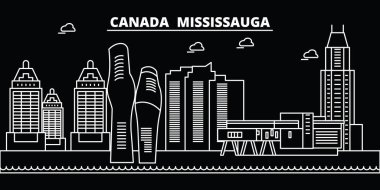 Mississauga siluet manzarası. Kanada - Mississauga vektör city, Kanada doğrusal mimarisi, binalar. Mississauga seyahat illüstrasyon, anahat yerler. Kanada düz simgeler, Kanada hat afiş