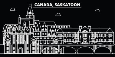 Saskatoon siluet manzarası. Kanada - Saskatoon vektör city, Kanada doğrusal mimarisi, binalar. Saskatoon Seyahat illüstrasyon, anahat yerler. Kanada düz simgeler, Kanada hat afiş