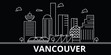 Vancouver siluet manzarası. Kanada - Vancouver vektör city, Kanada doğrusal mimarisi, binalar. Vancouver seyahat illüstrasyon, anahat yerler. Kanada düz simgeler, Kanada hat afiş