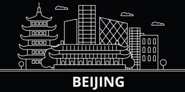 Beijing siluet manzarası. Çin - Pekin vektör kenti, Çin doğrusal mimarisi, binalar. Beijing seyahat illüstrasyon, anahat yerler. Çin düz simgeler, Çince hat afiş