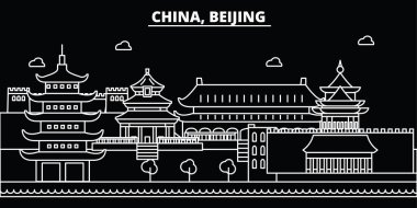 Beijing şehir silueti manzarası. Çin - Pekin şehir vektör kenti, Çin doğrusal mimarisi, binalar. Beijing şehir seyahat illüstrasyon, anahat yerler. Çin düz simgeler, Çince hat afiş