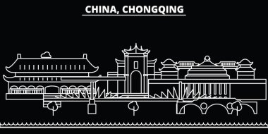 Chongqing siluet manzarası. Çin - Chongqing vektör şehir, Çin doğrusal mimarisi, binalar. Chongqing seyahat illüstrasyon, anahat yerler. Çin düz simgeler, Çince hat afiş