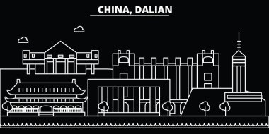 Dalian siluet manzarası. Çin - Dalian vektör şehir, Çin doğrusal mimarisi, binalar. Dalian Seyahat illüstrasyon, anahat yerler. Çin düz simgeler, Çince hat afiş