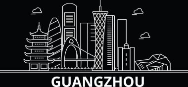 Guangzhou siluet manzarası. Çin - Guangzhou vektör city, Çin doğrusal mimarisi, binalar. Guangzhou seyahat illüstrasyon, anahat yerler. Çin düz simgeler, Çince hat afiş