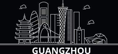 Guangzhou silhouette skyline. China - Guangzhou vector city, chinese linear architecture, buildings. Guangzhou travel illustration, outline landmarks. China flat icons, chinese line banner clipart