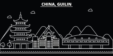 Guilin siluet manzarası. Çin - Guilin vektör şehir, Çin doğrusal mimarisi, binalar. Guilin seyahat illüstrasyon, anahat yerler. Çin düz simgeler, Çince hat afiş