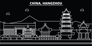 Hangzhou siluet manzarası. Çin - Hangzhou vektör şehir, Çin doğrusal mimarisi, binalar. Hangzhou seyahat illüstrasyon, anahat yerler. Çin düz simgeler, Çince hat afiş