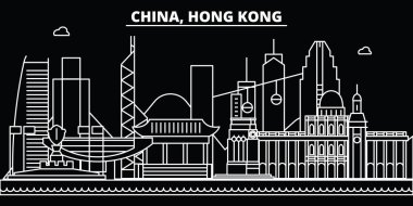 Hong Kong siluet manzarası. Çin - Hong Kong vektör şehir, Çin doğrusal mimarisi, binalar. Hong Kong seyahat illüstrasyon, anahat yerler. Çin düz simgeler, Çince hat afiş
