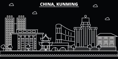 Kunming siluet manzarası. Çin - Kunming vektör şehir, Çin doğrusal mimarisi, binalar. Kunming seyahat illüstrasyon, anahat yerler. Çin düz simgeler, Çince hat afiş