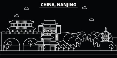 Nanjing siluet manzarası. Çin - Nanjing vektör şehir, Çin doğrusal mimarisi, binalar. Nanjing Seyahat illüstrasyon, anahat yerler. Çin düz simgeler, Çince hat afiş