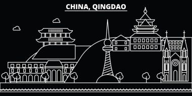 Qingdao siluet manzarası. Çin - Qingdao vektör şehir, Çin doğrusal mimarisi, binalar. Qingdao seyahat illüstrasyon, anahat yerler. Çin düz simgeler, Çince hat afiş