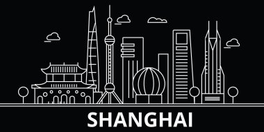 Shanghai siluet manzarası. Çin - Shanghai vektör şehir, Çin doğrusal mimarisi, binalar. Shanghai seyahat illüstrasyon, anahat yerler. Çin düz simgeler, Çince hat afiş