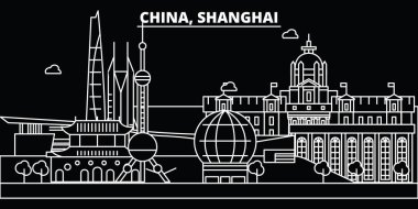 Shanghai şehir silueti manzarası. Çin - Shanghai şehir vektör şehir, Çin doğrusal mimarisi, binalar. Shanghai şehir seyahat illüstrasyon, anahat yerler. Çin düz simgeler, Çince hat afiş