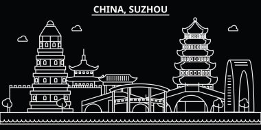 Suzhou siluet manzarası. Çin - Suzhou vektör şehir, Çin doğrusal mimarisi, binalar. Suzhou seyahat illüstrasyon, anahat yerler. Çin düz simgeler, Çince hat afiş