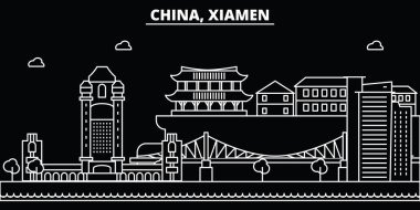 Xiamen siluet manzarası. Çin - Xiamen vektör şehir, Çin doğrusal mimarisi, binalar. Xiamen seyahat illüstrasyon, anahat yerler. Çin düz simgeler, Çince hat afiş
