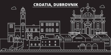 Dubrovnik siluet manzarası. Hırvatistan - Dubrovnik vektör şehir, Hırvat doğrusal mimarisi, binalar. Dubrovnik Seyahat illüstrasyon, anahat yerler. Hırvatistan düz simgeler, Hırvat hat afiş