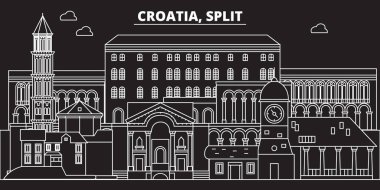 Split siluet manzarası. Hırvatistan - Split vektör şehir, Hırvat doğrusal mimarisi, binalar. Split seyahat illüstrasyon, anahat yerler. Hırvatistan düz simgeler, Hırvat hat afiş
