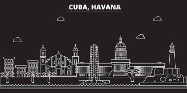 Havana siluet manzarası. Küba - Havana vektör şehir, Küba doğrusal mimarisi, binalar. Havana seyahat illüstrasyon, anahat yerler. Küba düz simgeler, Küba hat afiş