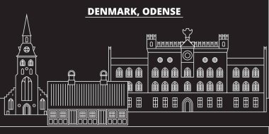 Odense siluet manzarası. Danimarka - Odense vektör şehir, Danimarkalı doğrusal mimarisi, binalar. Odense seyahat illüstrasyon, anahat yerler. Danimarka düz simgeler, Danimarkalı hat afiş