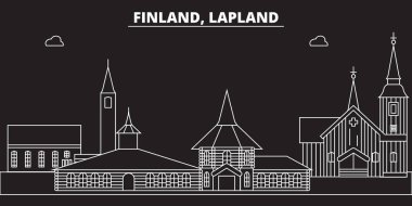 Lapland siluet manzarası. Finlandiya - Lapland vektör şehir, Fin doğrusal mimarisi, binalar. Lapland Seyahat illüstrasyon, anahat yerler. Finlandiya düz simgeler, Fin hat afiş