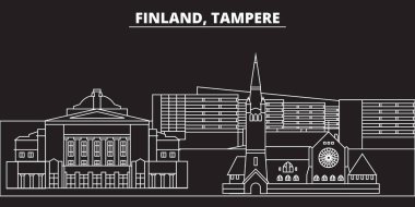 Tampere siluet manzarası. Finlandiya - Tampere vektör şehir, Fin doğrusal mimarisi, binalar. Tampere seyahat illüstrasyon, anahat yerler. Finlandiya düz simgeler, Fin hat afiş