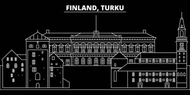 Turku siluet manzarası. Finlandiya - Turku vektör şehir, Fin doğrusal mimarisi, binalar. Turku seyahat illüstrasyon, anahat yerler. Finlandiya düz simgeler, Fin hat afiş