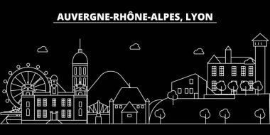 Lyon siluet manzarası. Fransa - Lyon vektör şehir, doğrusal mimarisi, binalar Fransız. Lyon seyahat illüstrasyon, anahat yerler. Fransa düz simgeler, Fransız hat afiş