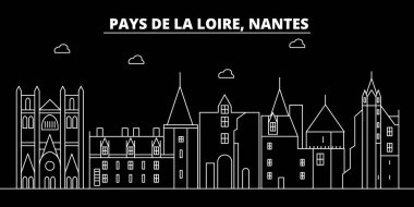 Nantes siluet manzarası. Fransa - Nantes vektör şehir, doğrusal mimarisi, binalar Fransız. Nantes Seyahat illüstrasyon, anahat yerler. Fransa düz simgeler, Fransız hat afiş