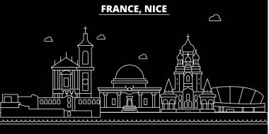 Güzel siluet manzarası. Fransa - güzel vektör şehir, doğrusal mimarisi, binalar Fransız. Güzel seyahat illüstrasyon, anahat yerler. Fransa düz simgeler, Fransız hat afiş