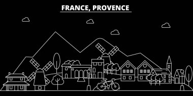 Provence siluet manzarası. Fransa - Provence vektör şehir, doğrusal mimarisi, binalar Fransız. Provence seyahat illüstrasyon, anahat yerler. Fransa düz simgeler, Fransız hat afiş