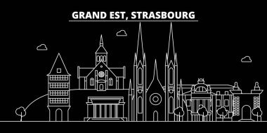 Strazburg siluet manzarası. Fransa - Strasbourg vektör şehir, doğrusal mimarisi, binalar Fransız. Strasbourg seyahat illüstrasyon, anahat yerler. Fransa düz simgeler, Fransız hat afiş