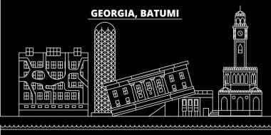 Batum siluet manzarası. Gürcistan - Batum vektör şehir, Gürcü doğrusal mimarisi, binalar. Batum Seyahat illüstrasyon, anahat yerler. Georgia düz simgeler, Gürcü hat afiş