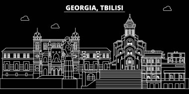 Tbilisi siluet manzarası. Gürcistan - Tbilisi vektör şehir, Gürcü doğrusal mimarisi, binalar. Tbilisi seyahat illüstrasyon, anahat yerler. Georgia düz simgeler, Gürcü hat afiş