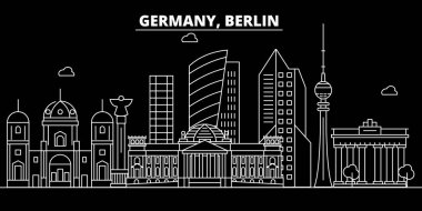 Berlin şehir silueti manzarası. Almanya - Berlin şehir vektör şehir, Alman doğrusal mimarisi, binalar. Berlin şehir seyahat illüstrasyon, anahat yerler. Almanya düz simgeler, Alman hat afiş