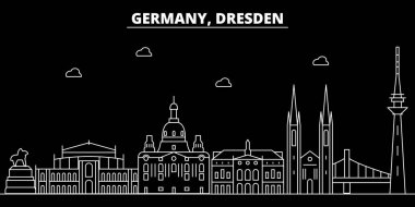 Dresden siluet manzarası. Almanya - Dresden vektör şehir, Alman doğrusal mimarisi, binalar. Dresden Seyahat illüstrasyon, anahat yerler. Almanya düz simgeler, Alman hat afiş