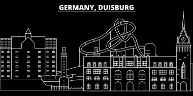 Duisburg siluet manzarası. Almanya - Duisburg vektör şehir, Alman doğrusal mimarisi, binalar. Duisburg seyahat illüstrasyon, anahat yerler. Almanya düz simgeler, Alman hat afiş