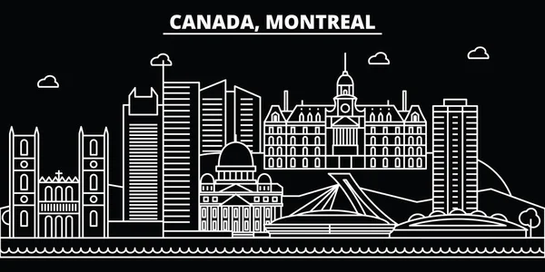 Στον ορίζοντα του Μόντρεαλ σιλουέτα. Καναδάς - Μόντρεαλ διάνυσμα πόλη, καναδική γραμμική αρχιτεκτονική, κτήρια. Μόντρεαλ ταξίδια εικονογράφηση, περίγραμμα ορόσημα. Επίπεδη εικονίδια στον Καναδά, καναδική γραμμή πανό — Διανυσματικό Αρχείο