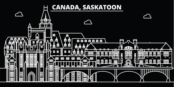 Saskatoon siluet manzarası. Kanada - Saskatoon vektör city, Kanada doğrusal mimarisi, binalar. Saskatoon Seyahat illüstrasyon, anahat yerler. Kanada düz simgeler, Kanada hat afiş — Stok Vektör