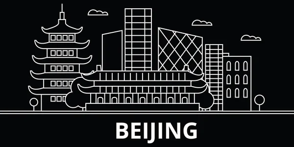 Línea de silueta de Beijing. China - Beijing vector de la ciudad, la arquitectura lineal china, edificios. Beijing ilustración de viajes, esbozar puntos de referencia. Iconos planos de China, bandera de línea china — Vector de stock