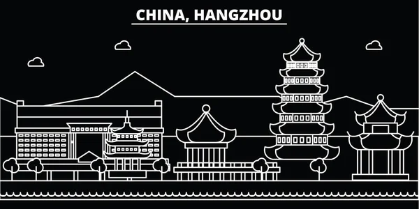 Hangzhou siluet manzarası. Çin - Hangzhou vektör şehir, Çin doğrusal mimarisi, binalar. Hangzhou seyahat illüstrasyon, anahat yerler. Çin düz simgeler, Çince hat afiş — Stok Vektör