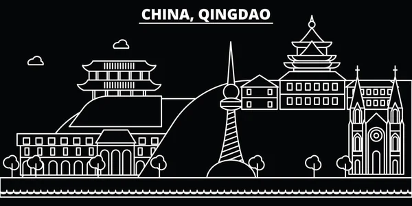 青岛剪影天际线。中国-青岛矢量城市, 中国线性建筑, 建筑。青岛旅游插图、地标。中国平面图标, 中国线横幅 — 图库矢量图片