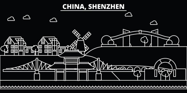 Shenzhen silhouette skyline. China - Shenzhen vector city, chinese linear architecture, buildings. Shenzhen travel illustration, outline landmarks. China flat icons, chinese line banner