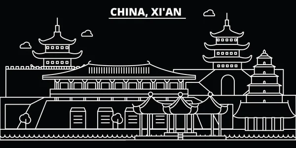 Xian silhouette skyline. China - Xian vector city, chinese linear architecture, buildings. Xian travel illustration, outline landmarks. China flat icons, chinese line banner — Stock Vector