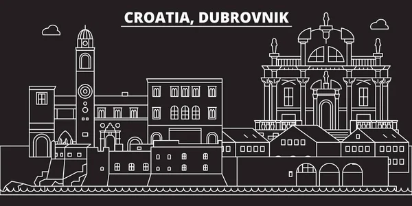 Dubrovnik siluet manzarası. Hırvatistan - Dubrovnik vektör şehir, Hırvat doğrusal mimarisi, binalar. Dubrovnik Seyahat illüstrasyon, anahat yerler. Hırvatistan düz simgeler, Hırvat hat afiş
