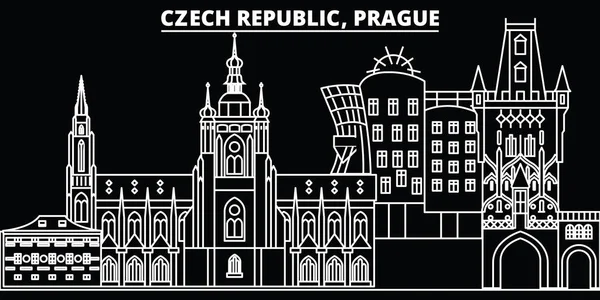 Пражский силуэт. Чехия - Прага векторный город, чешская линейная архитектура, здания. Пражская туристическая иллюстрация, очертания достопримечательностей. Чешская Республика плоские иконки, чехословацкий баннер — стоковый вектор