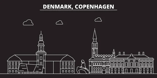 Skyline della silhouette di Copenaghen. Danimarca Copenaghen città vettoriale, architettura lineare danese, edifici. Copenaghen viaggi illustrazione, punti di riferimento. Danimarca icone piatte, banner della linea danese — Vettoriale Stock