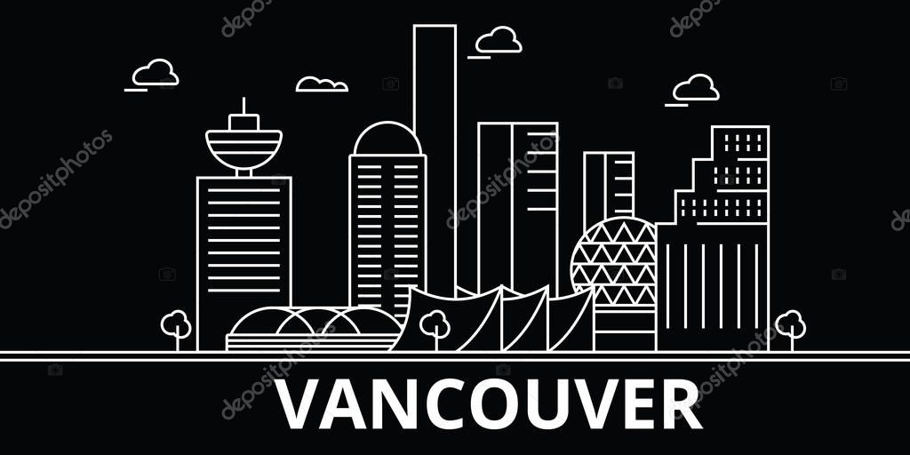 Vancouver silhouette skyline. Canada - Vancouver vector city, canadian linear architecture, buildings. Vancouver line travel illustration, landmarks. Canada flat icons, canadian outline design banner