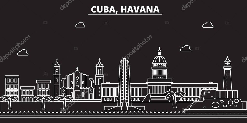 Havana silhouette skyline. Cuba - Havana vector city, cuban linear architecture, buildings. Havana line travel illustration, landmarks. Cuba flat icons, cuban outline design banner