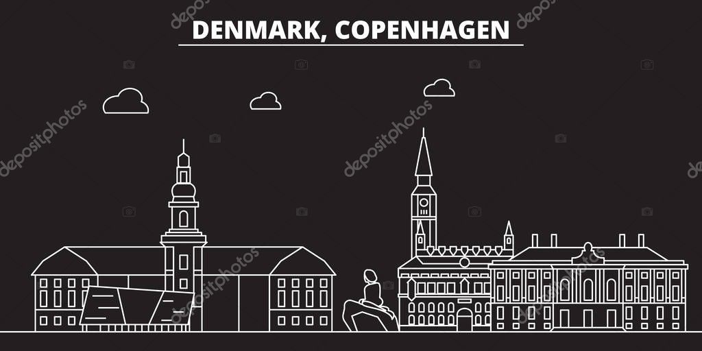 Copenhagen silhouette skyline. Denmark - Copenhagen vector city, danish linear architecture, buildings. Copenhagen line travel illustration, landmarks. Denmark flat icons, danish outline design banner